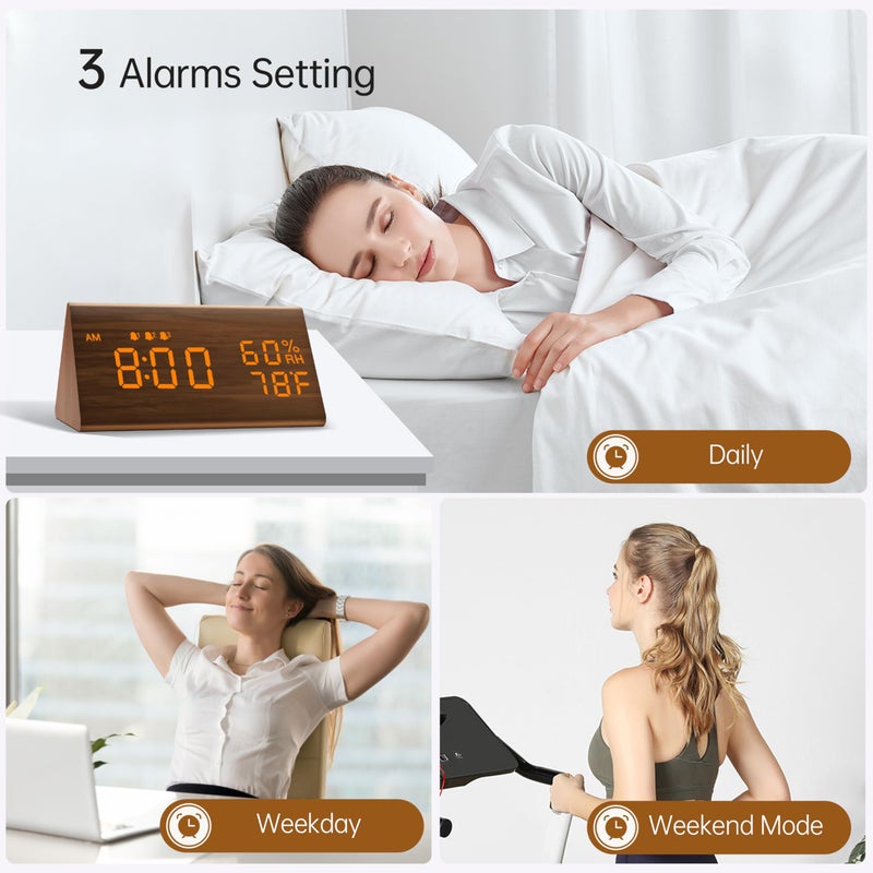 JALL Digital Alarm Clock, with Wooden Electronic LED Time Display, 3 Alarm Settings, Humidity & Temperature Detect, Wood Made Electric Clocks for Bedroom, Bedside (Brown) - Image 5